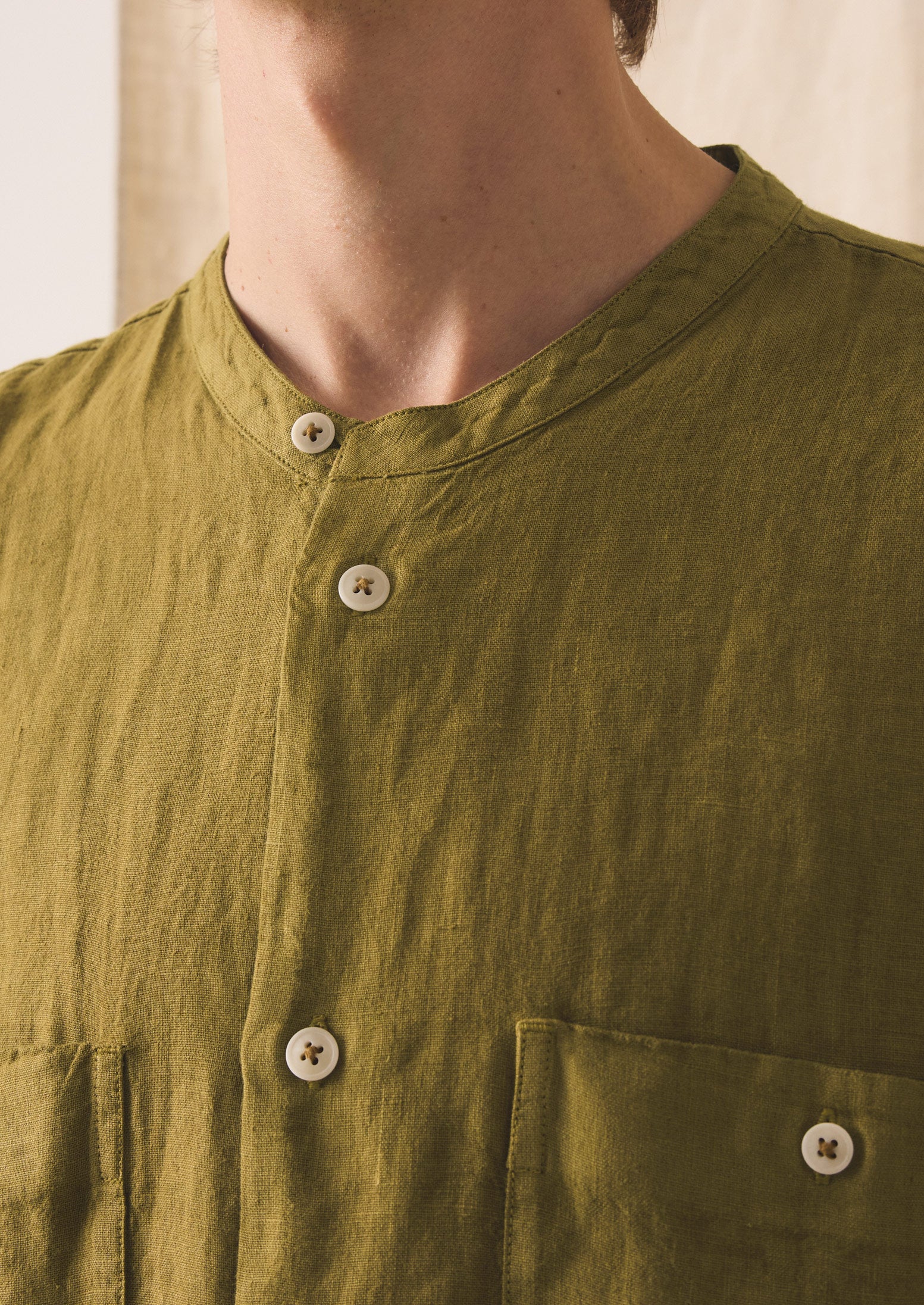 Garment Dyed Linen Grandad Collar Shirt | Durian Green | TOAST
