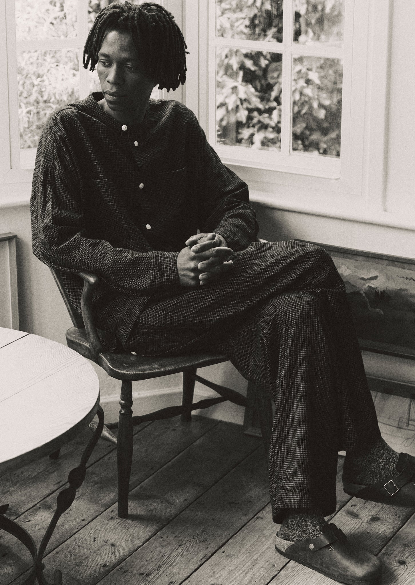 Cotton Cashmere Check Grandad Shirt | Black/Ecru