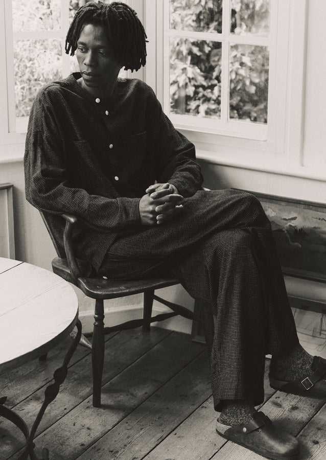 Cotton Cashmere Check Grandad Shirt | Black/Ecru