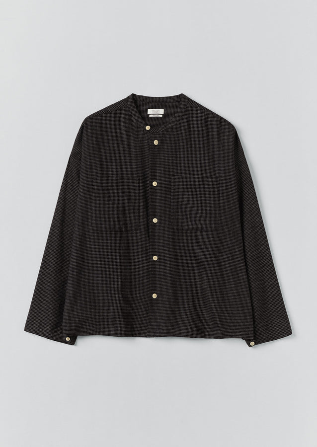 Cotton Cashmere Check Grandad Shirt | Black/Ecru