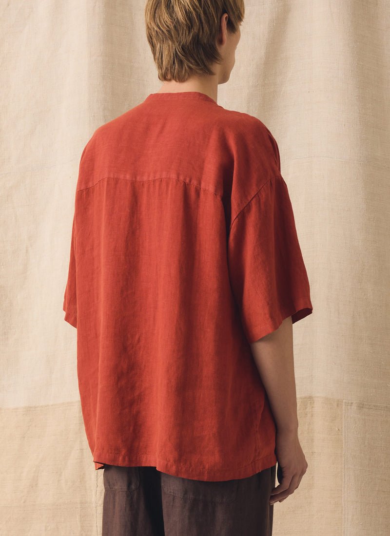 Garment Dyed Linen Grandad Collar Shirt | Sun-dried Tomato