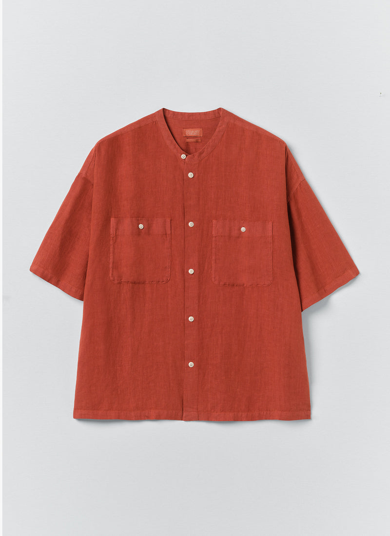 Garment Dyed Linen Grandad Collar Shirt | Sun-dried Tomato