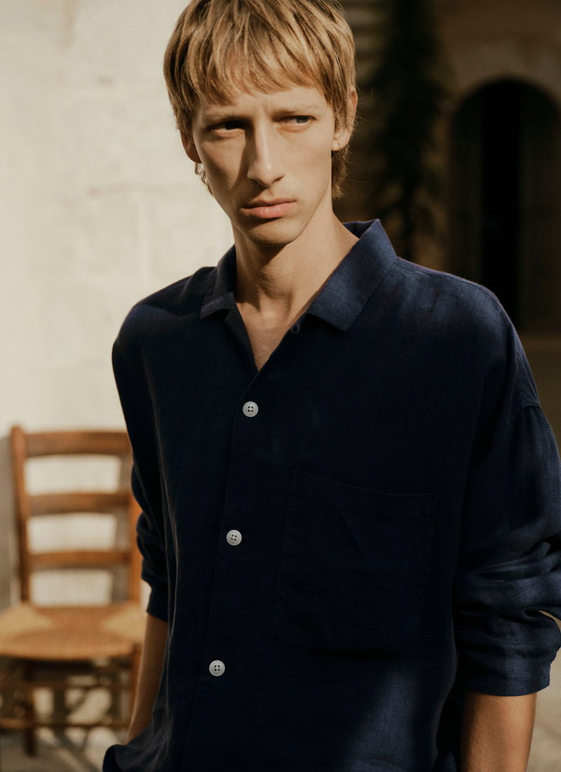 Camp Collar Garment Dyed Linen Shirt | Blueberry