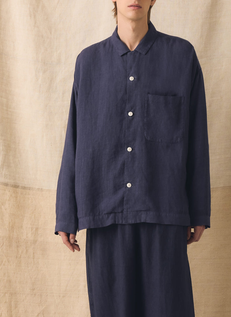 Camp Collar Garment Dyed Linen Shirt | Blueberry