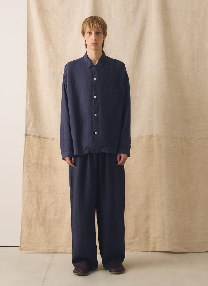 Camp Collar Garment Dyed Linen Shirt | Blueberry