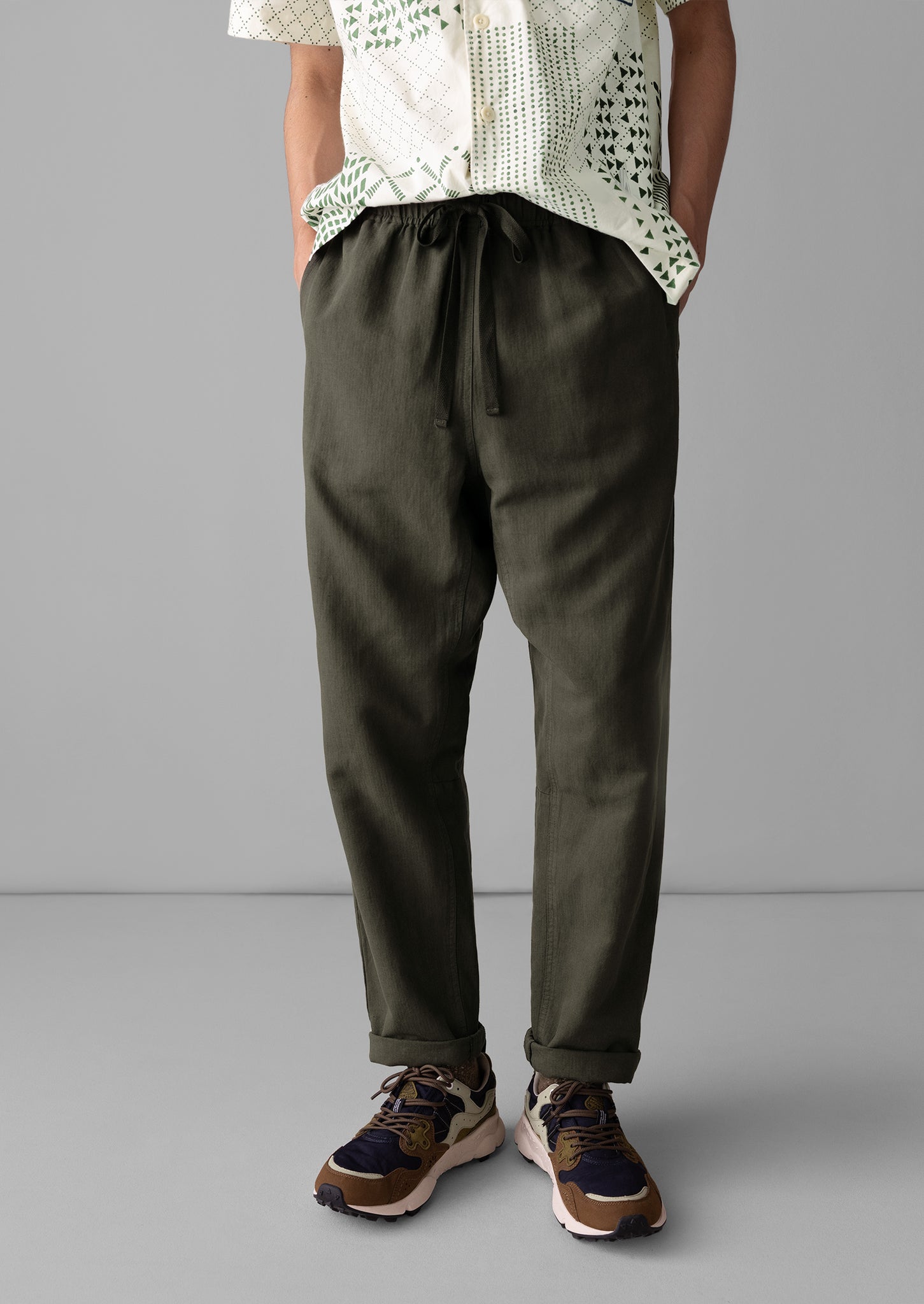 Alfie Garment Dyed Herringbone Trousers | Dark Moss