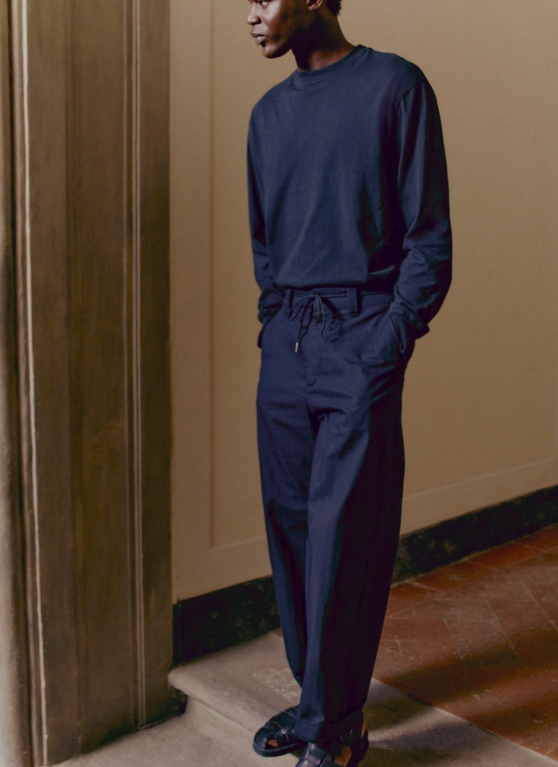 Cotton Wool Herringbone Wide Leg Trousers | Black