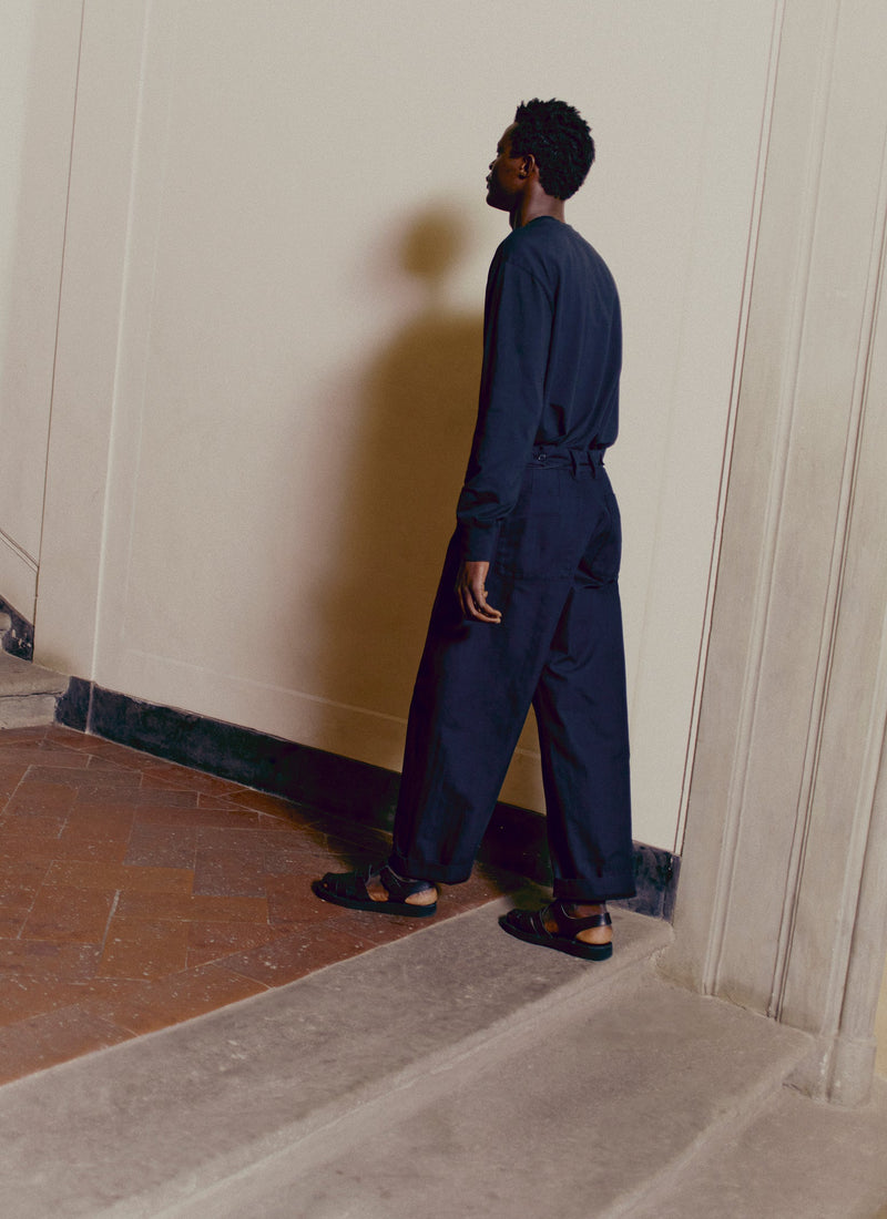 Cotton Wool Herringbone Wide Leg Trousers | Black