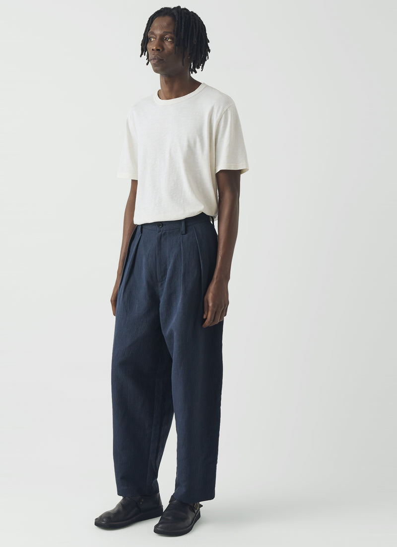 Caspar Stripe Pleat Trousers | Navy/Fawn