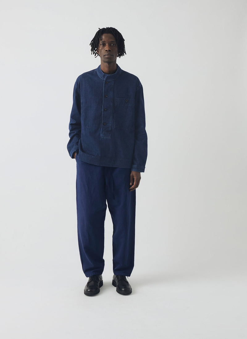 Grandad Collar Half Placket Denim Shirt | Indigo