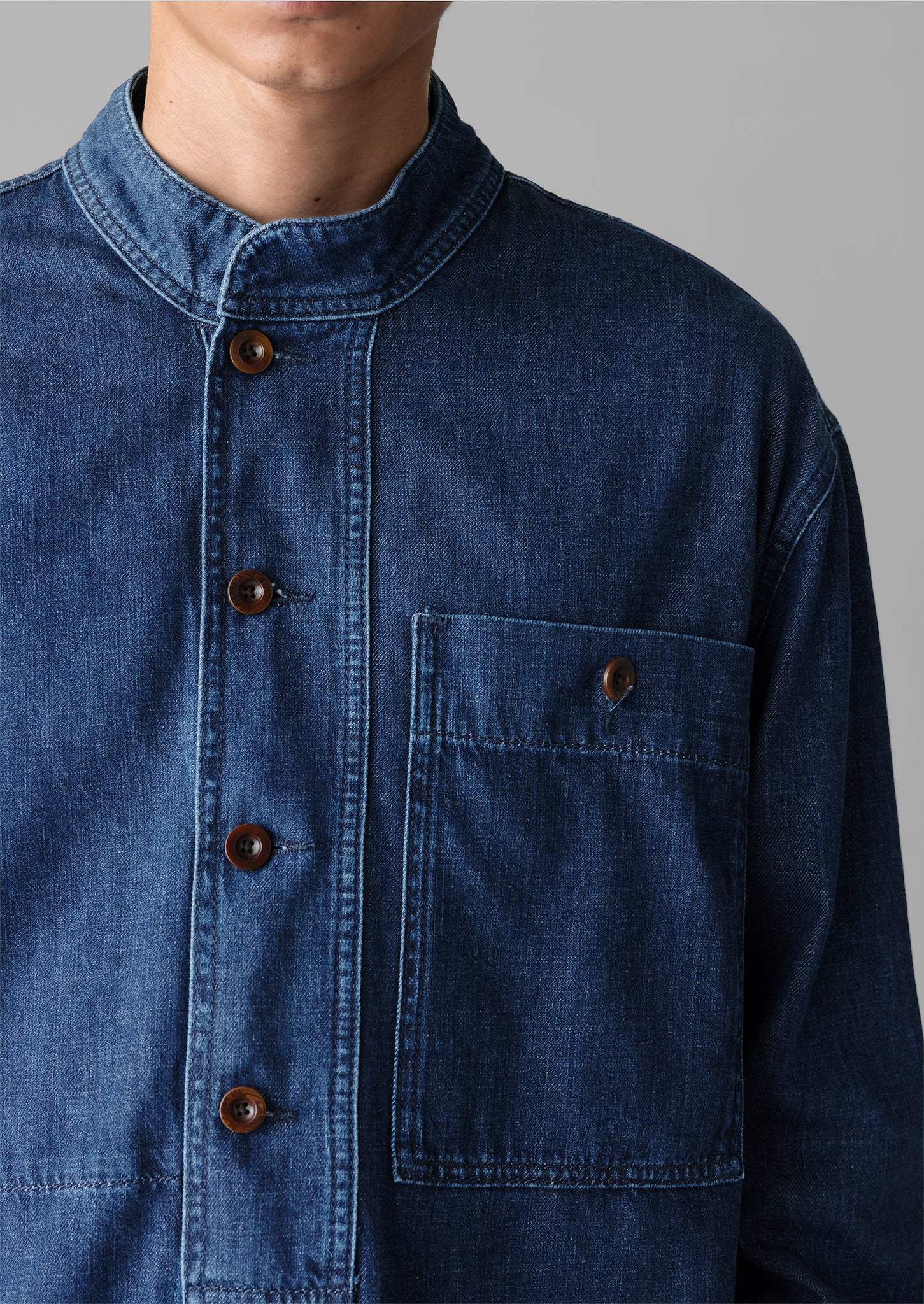 Grandad Collar Half Placket Denim Shirt | Indigo