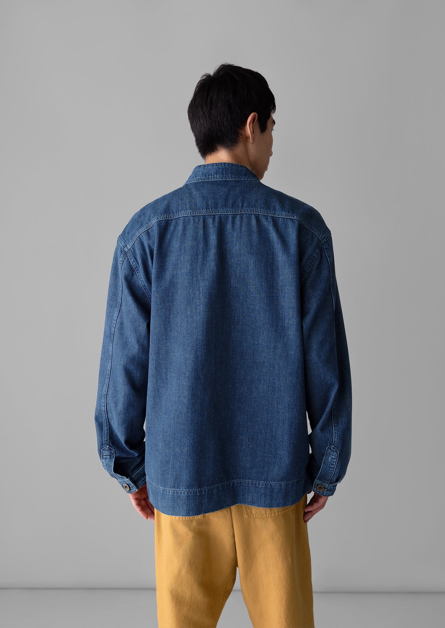 Grandad Collar Half Placket Denim Shirt | Indigo