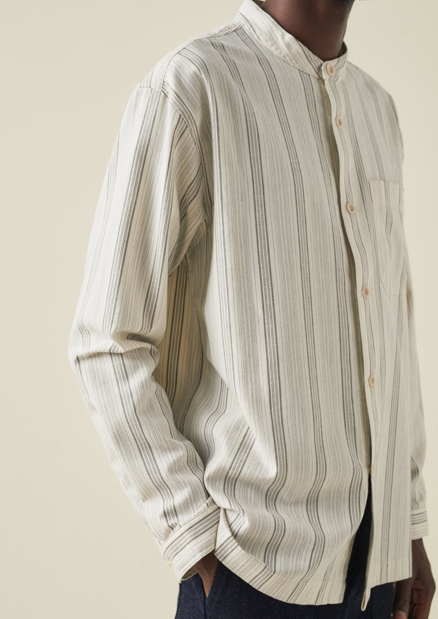 Grandad Collar Stripe Organic Cotton Shirt | Ecru/Khaki