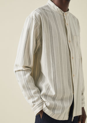 Grandad Collar Stripe Organic Cotton Shirt | Ecru/Khaki