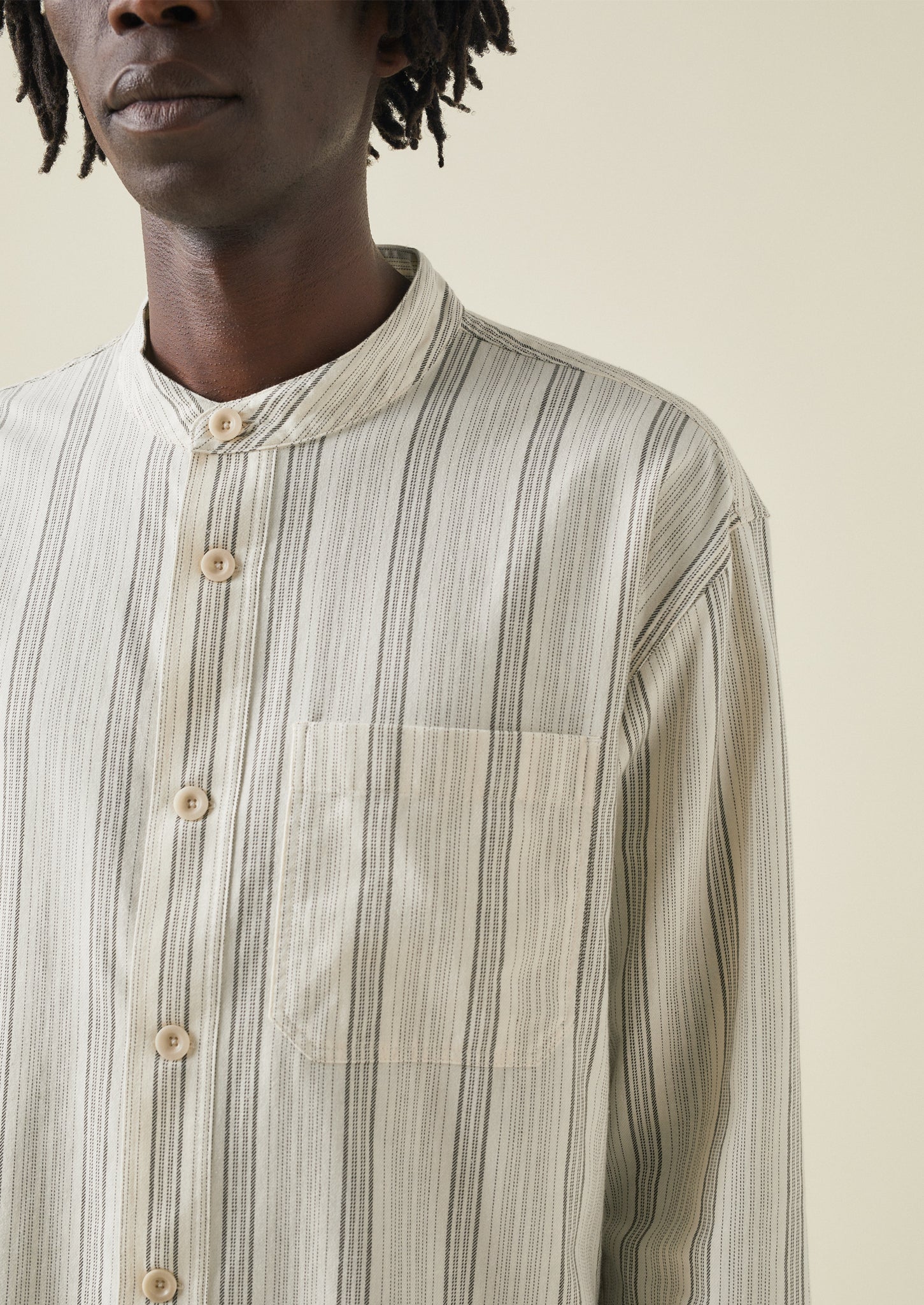 Grandad Collar Stripe Organic Cotton Shirt | Ecru/Khaki