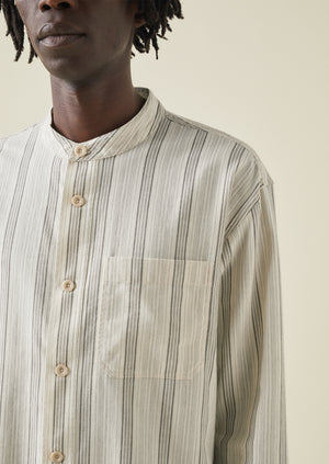Grandad Collar Stripe Organic Cotton Shirt | Ecru/Khaki