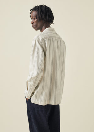 Grandad Collar Stripe Organic Cotton Shirt | Ecru/Khaki