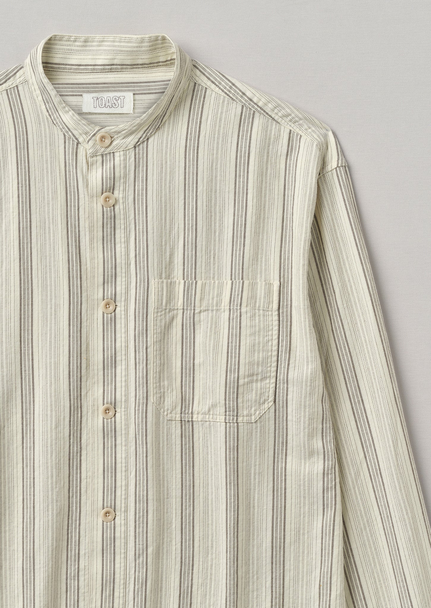 Grandad Collar Stripe Organic Cotton Shirt | Ecru/Khaki