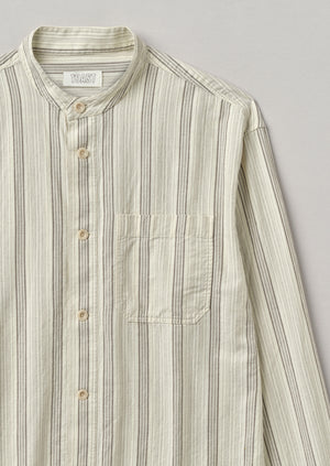 Grandad Collar Stripe Organic Cotton Shirt | Ecru/Khaki