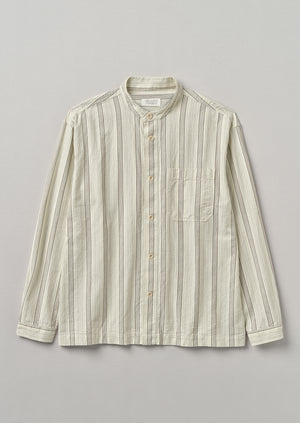 Grandad Collar Stripe Organic Cotton Shirt | Ecru/Khaki