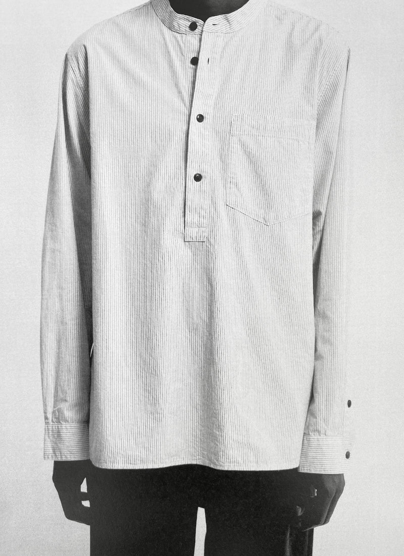 Grandad Collar Stripe Pullover Shirt | Sunwashed Blue