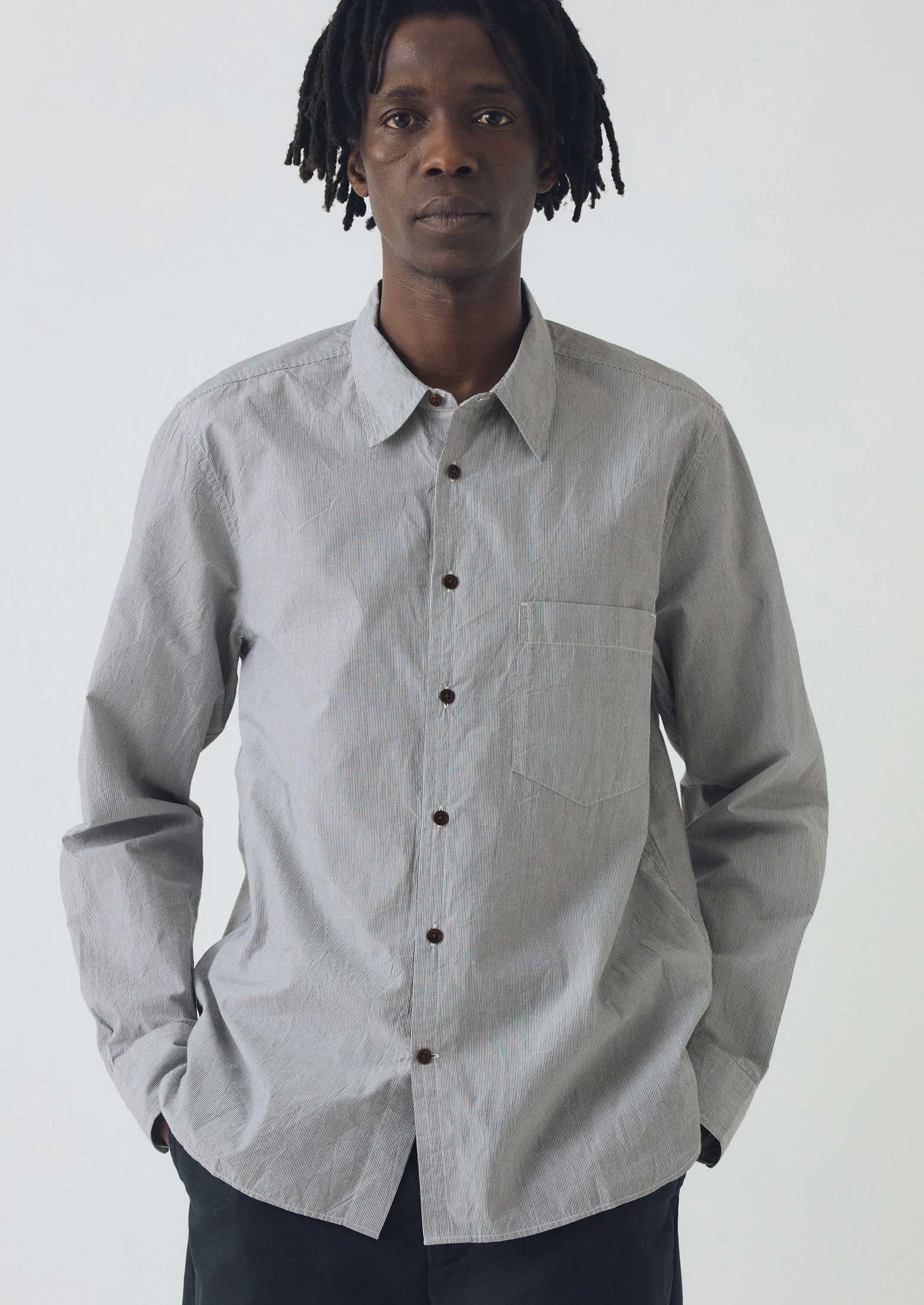 Fine Stripe Cotton Shirt | Ecru/Slate