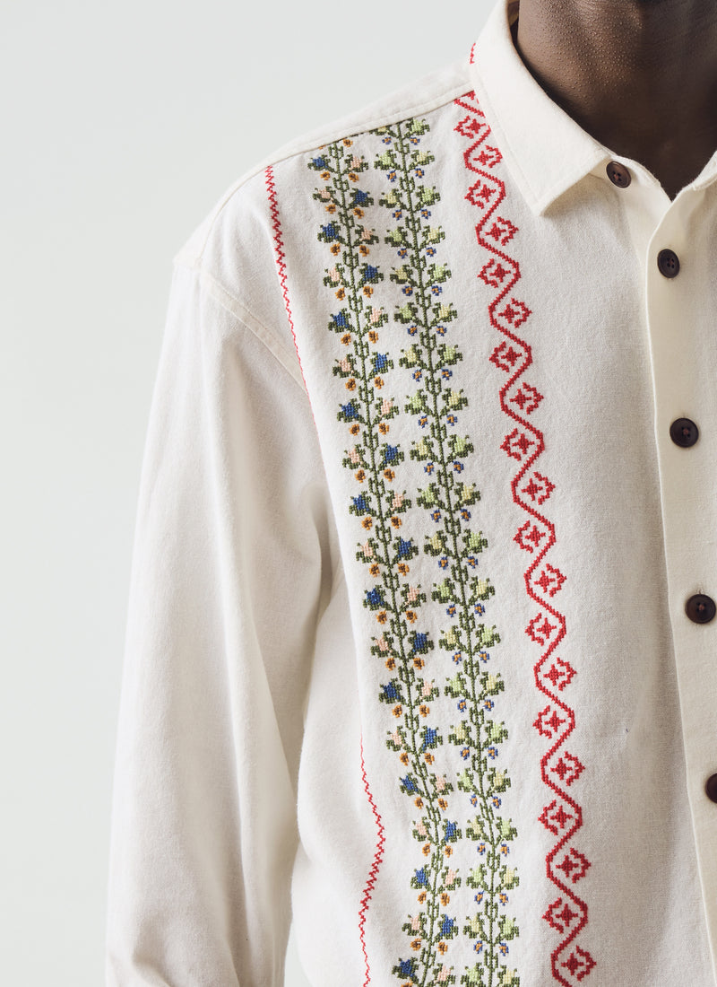 Embroidered Cross Stitch Cotton Shirt | Ecru
