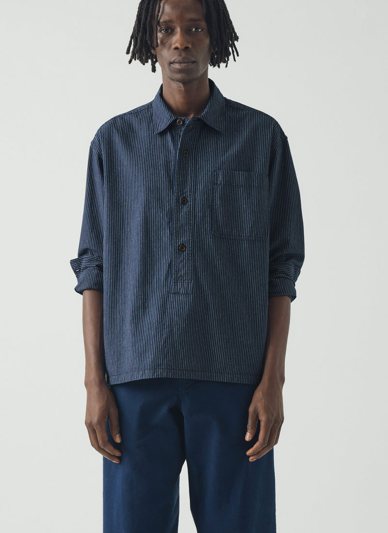 Railroad Stripe Cotton Shirt | Denim Blue