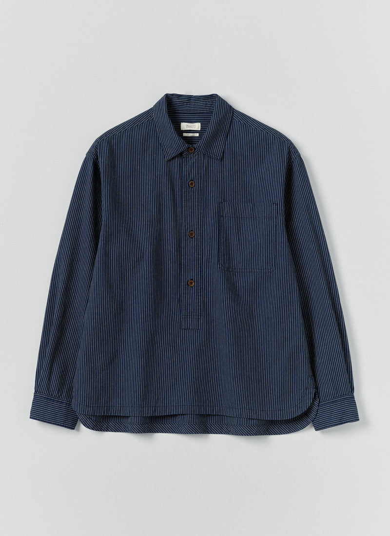 Railroad Stripe Cotton Shirt | Denim Blue