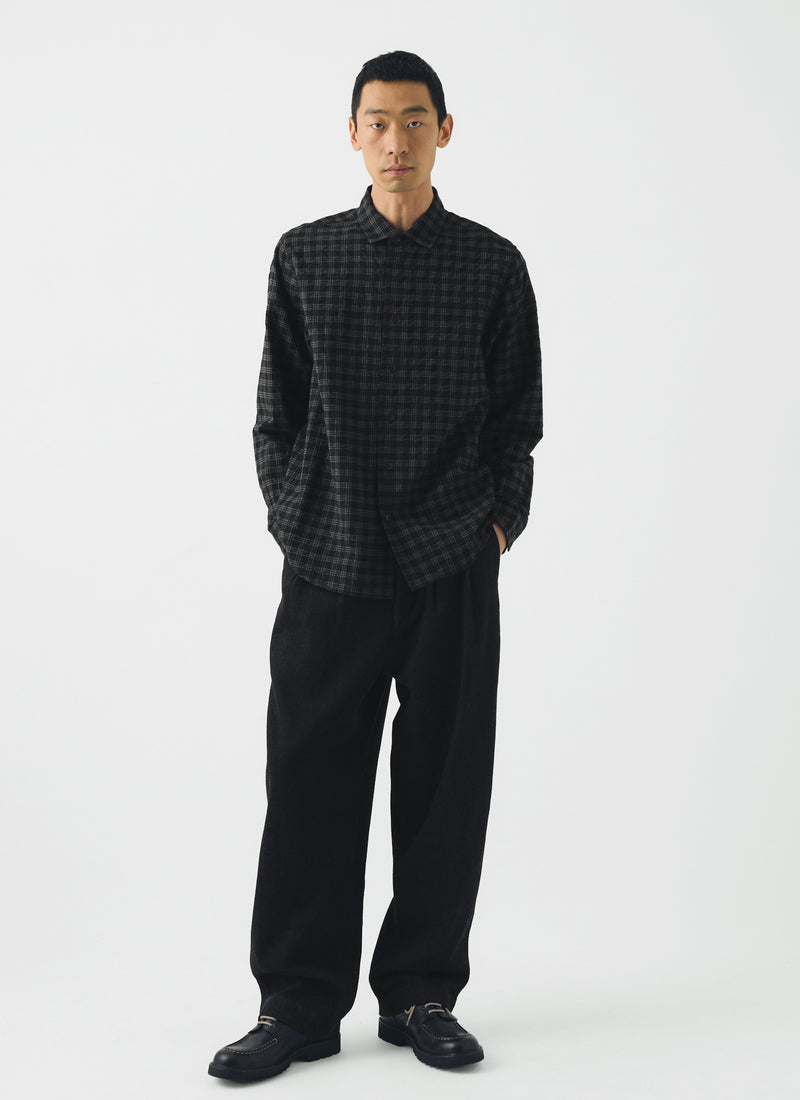 Loop Button Check Cotton Wool Shirt | Dark Charcoal/Black