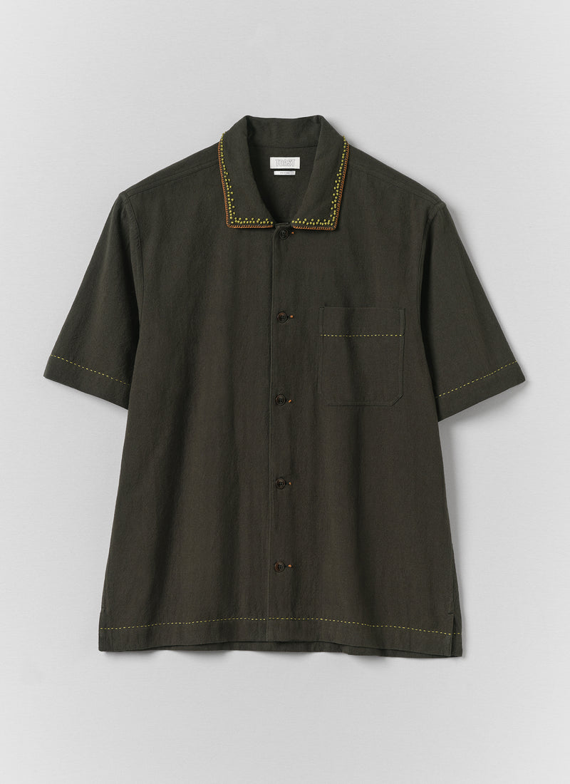Kantha Knot Embroidered Cotton Shirt | Dark Olive
