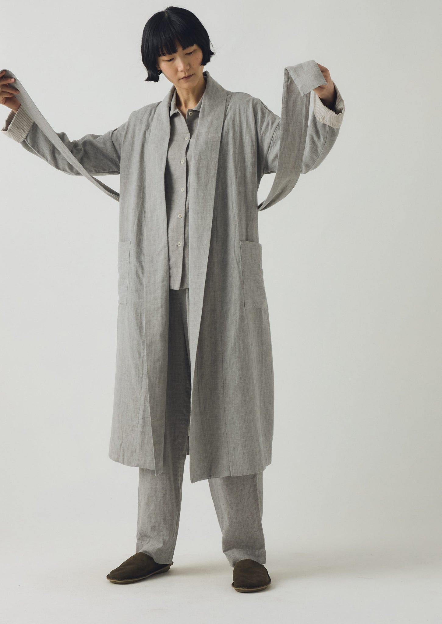 Soft Double Faced Cotton Gown | Grey Melange/Soft Clay