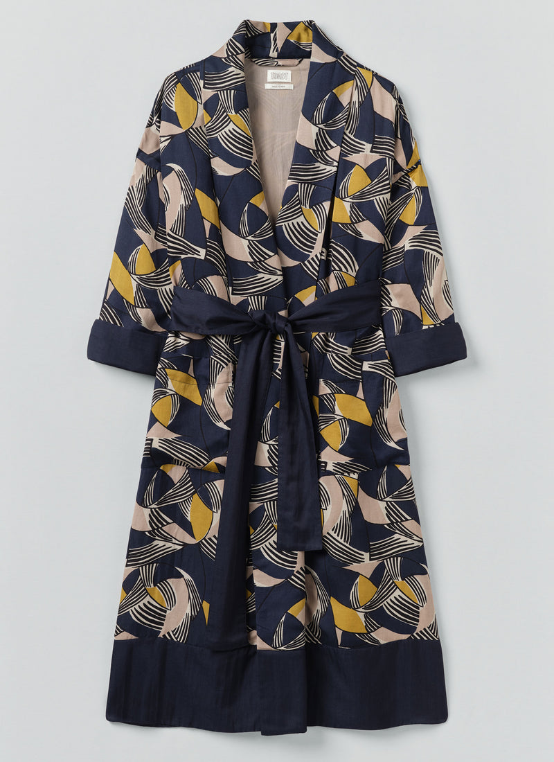 Deco Geo Cotton Silk Gown | Prussian Blue
