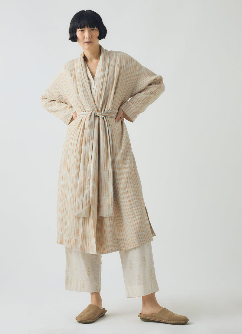 Stripe Crinkle Cotton Gown | Sage/Apricot