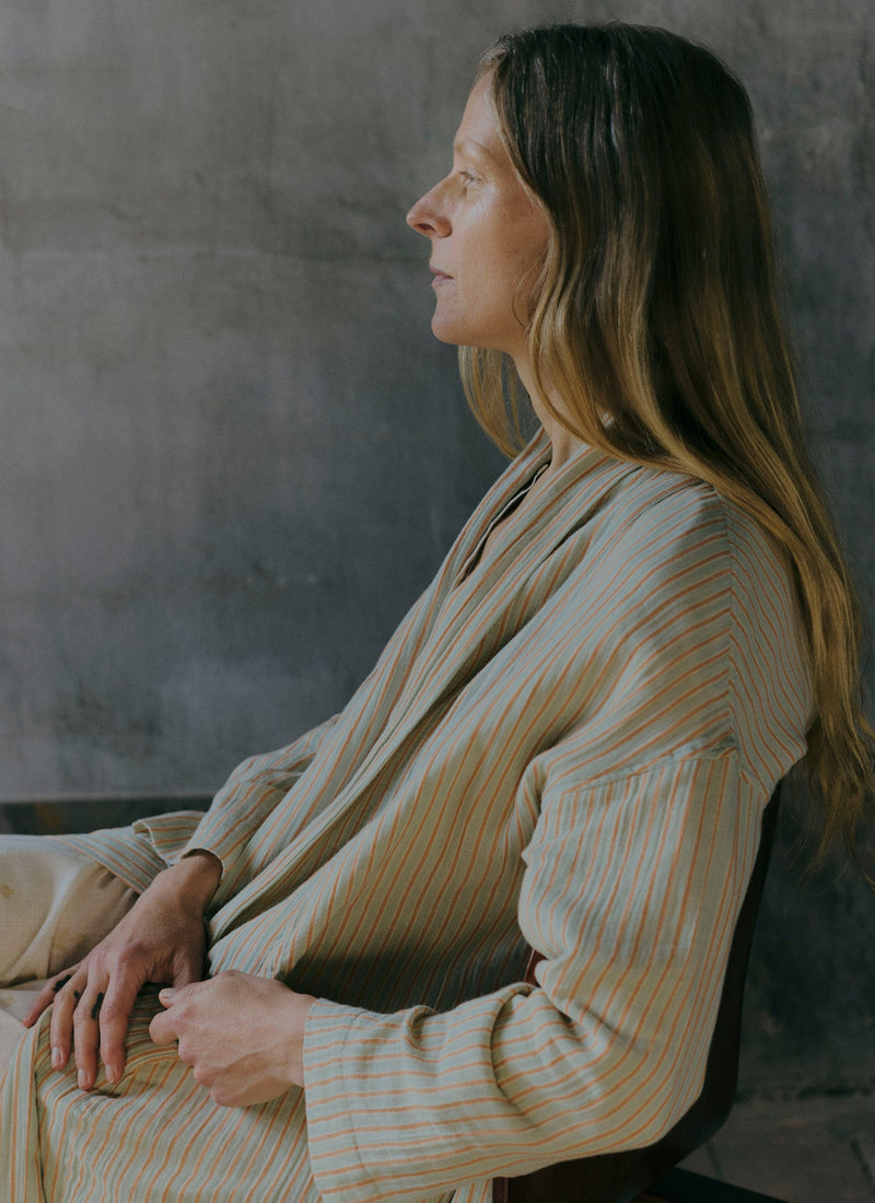 Stripe Crinkle Cotton Gown | Sage/Apricot