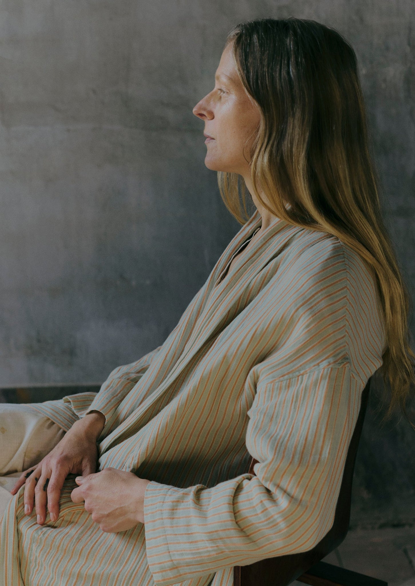 Stripe Crinkle Cotton Gown | Sage/Apricot