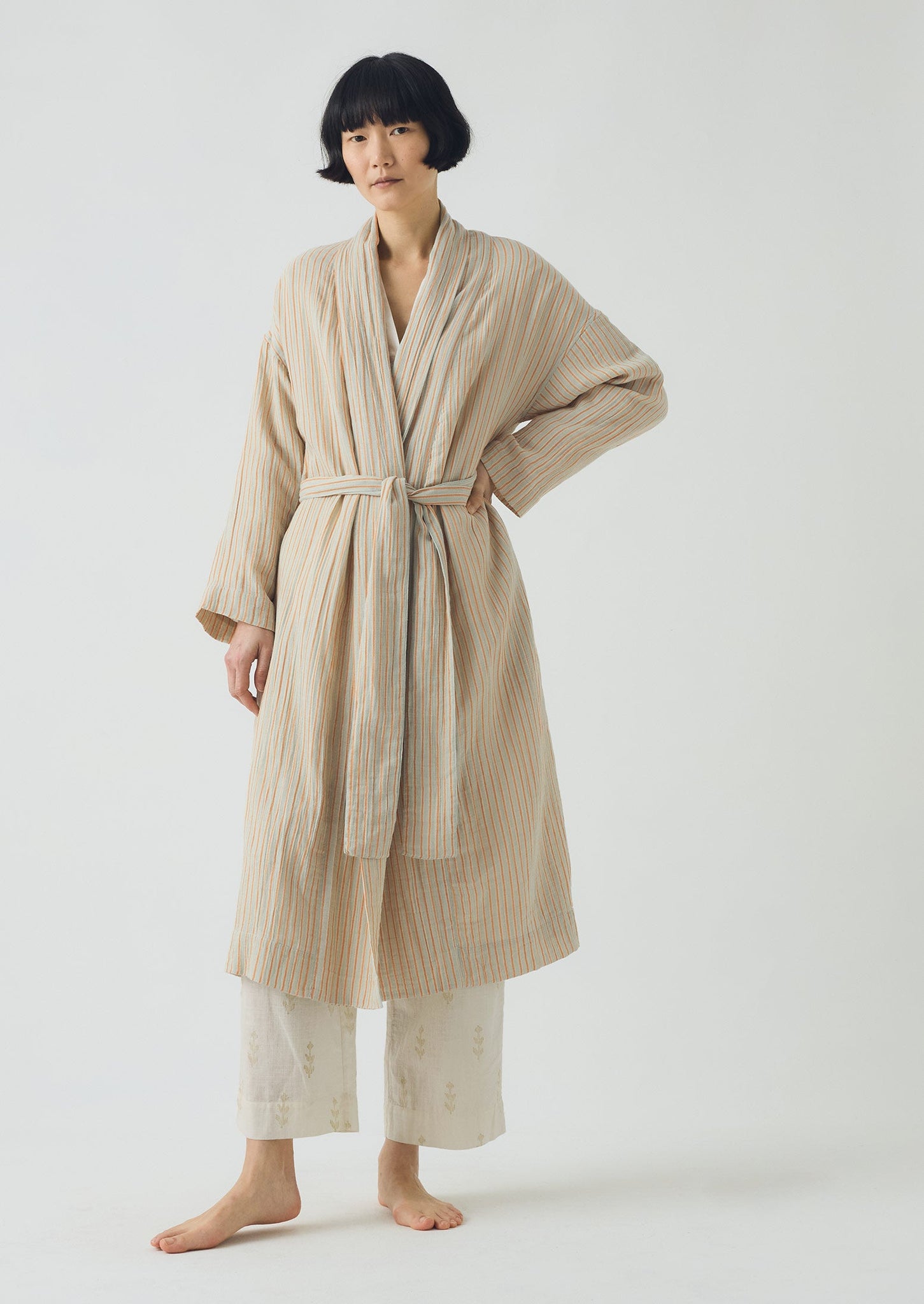 Stripe Crinkle Cotton Gown | Sage/Apricot