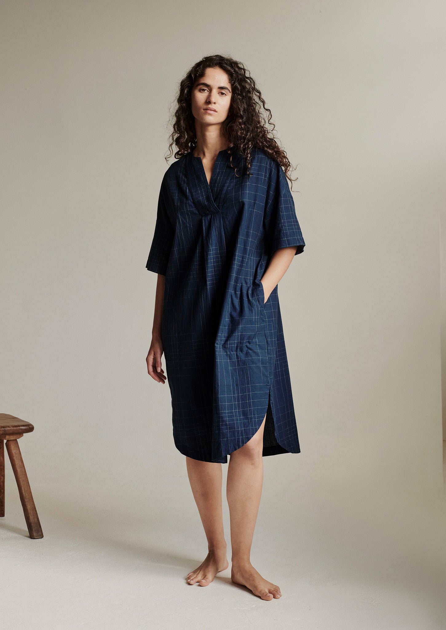 Hand Woven Sketched Check Nightdress Twilight Ecru TOAST