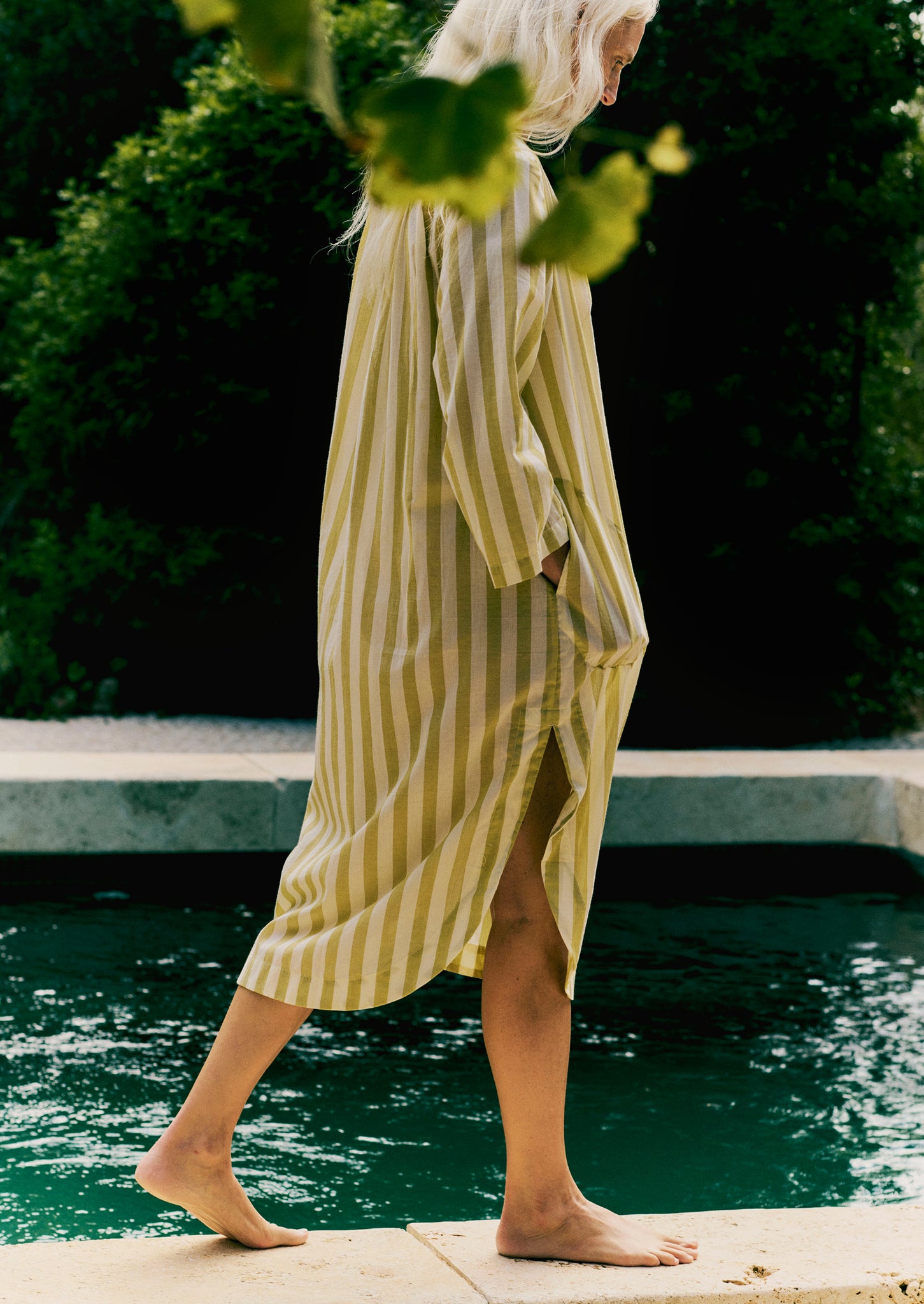 Canopy Stripe Organic Cotton Kaftan | Ecru/Washed Lime