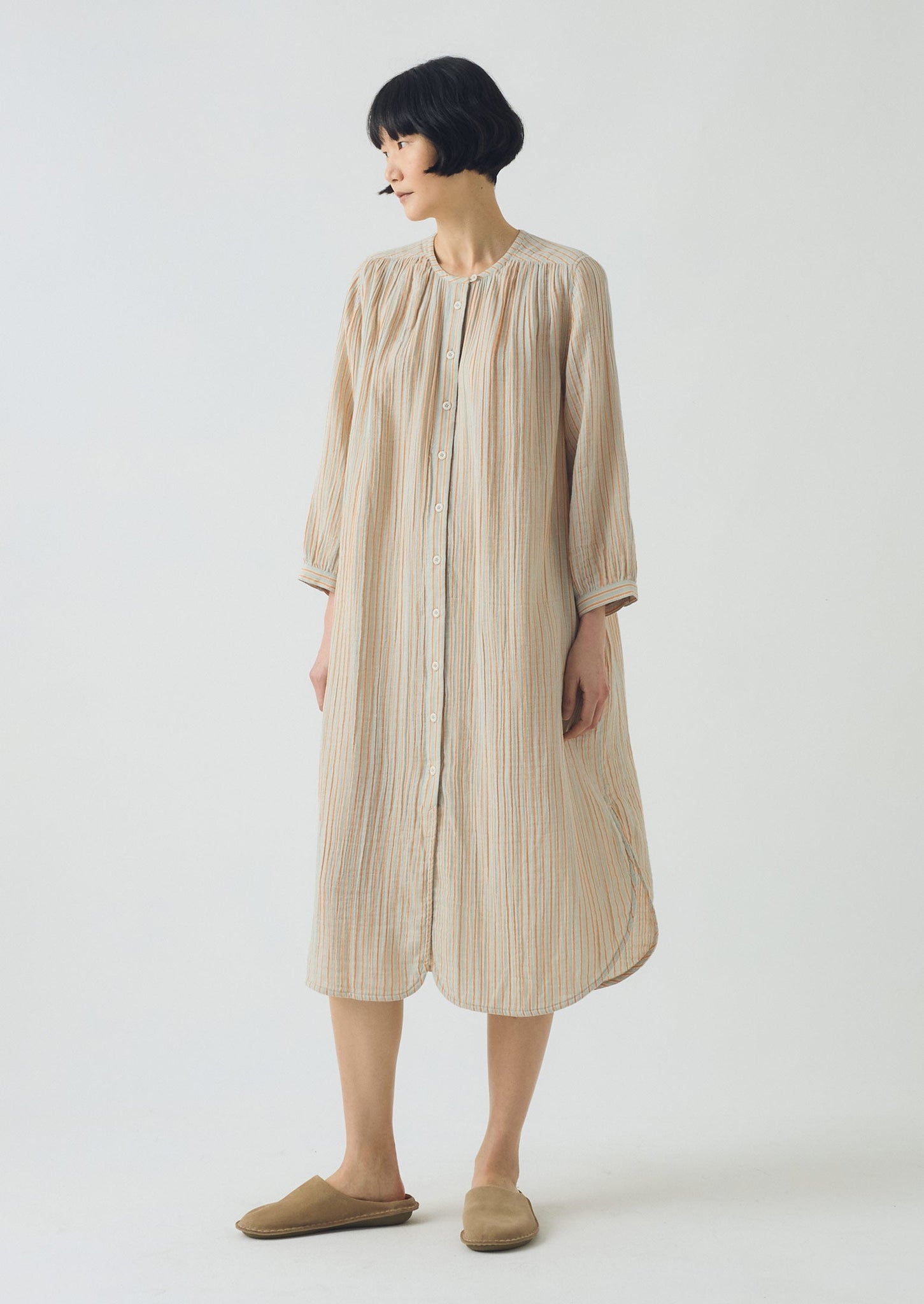 Stripe Crinkle Cotton Nightdress | Sage/Apricot
