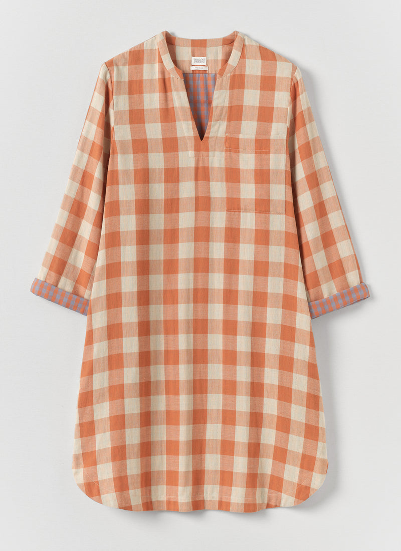Gingham Faced Cotton Nightdress | Coral/Sky Blue