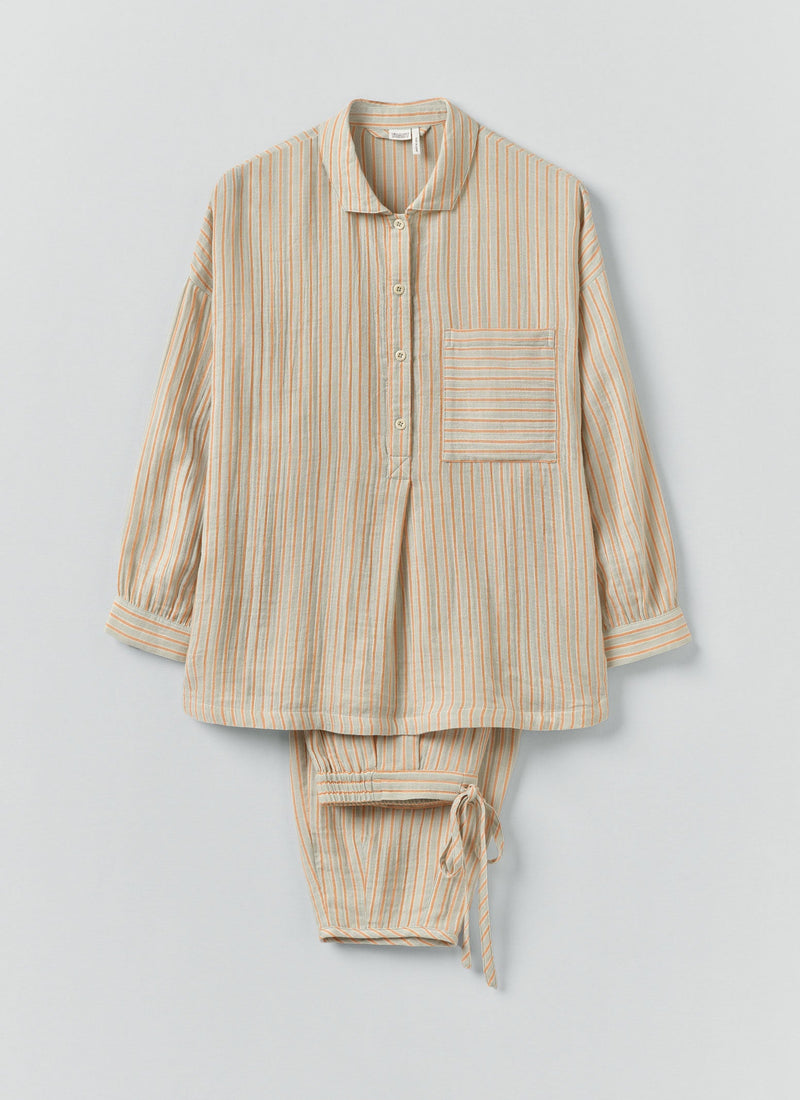 Stripe Crinkle Cotton Pyjamas | Sage/Apricot