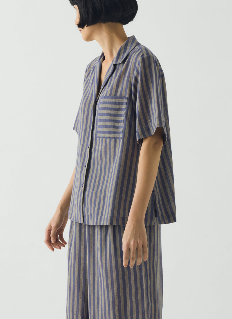 Awning Stripe Cotton Linen Pyjama Top | Catkin/Denim Blue