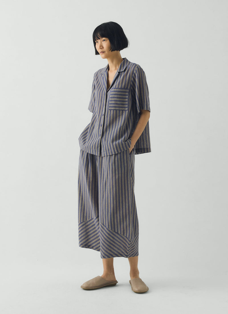 Awning Stripe Cotton Linen Pyjama Top | Catkin/Denim Blue
