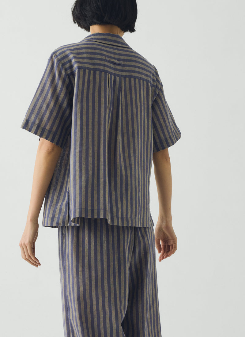 Awning Stripe Cotton Linen Pyjama Top | Catkin/Denim Blue