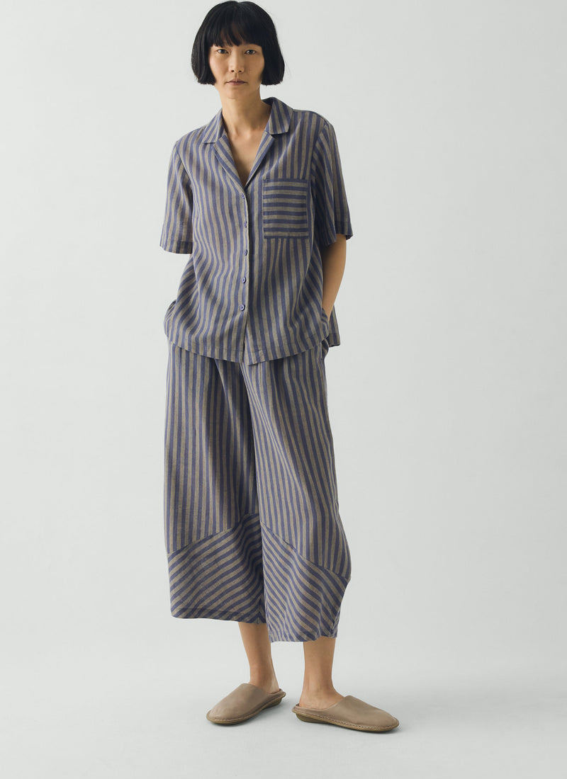 Awning Stripe Cotton Linen Pyjama Trousers | Catkin/Denim Blue