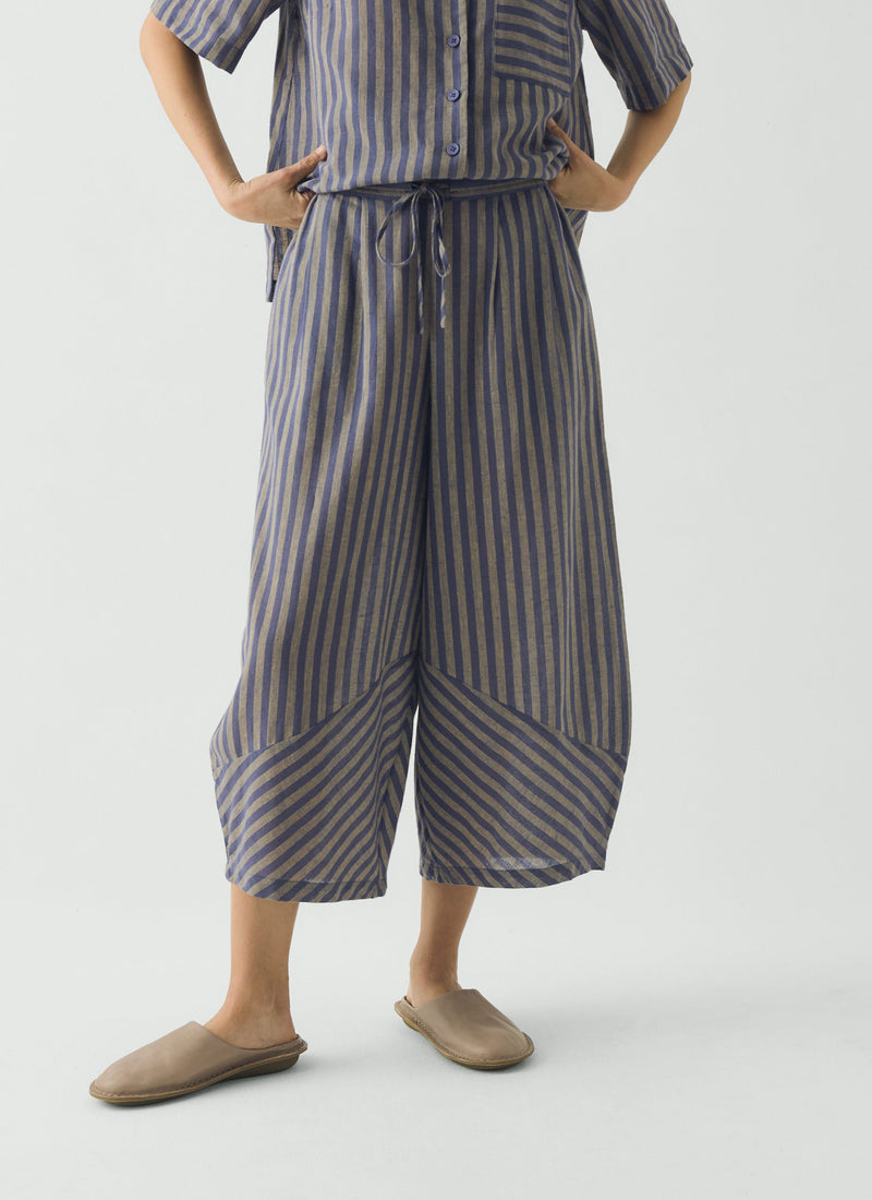 Awning Stripe Cotton Linen Pyjama Trousers | Catkin/Denim Blue