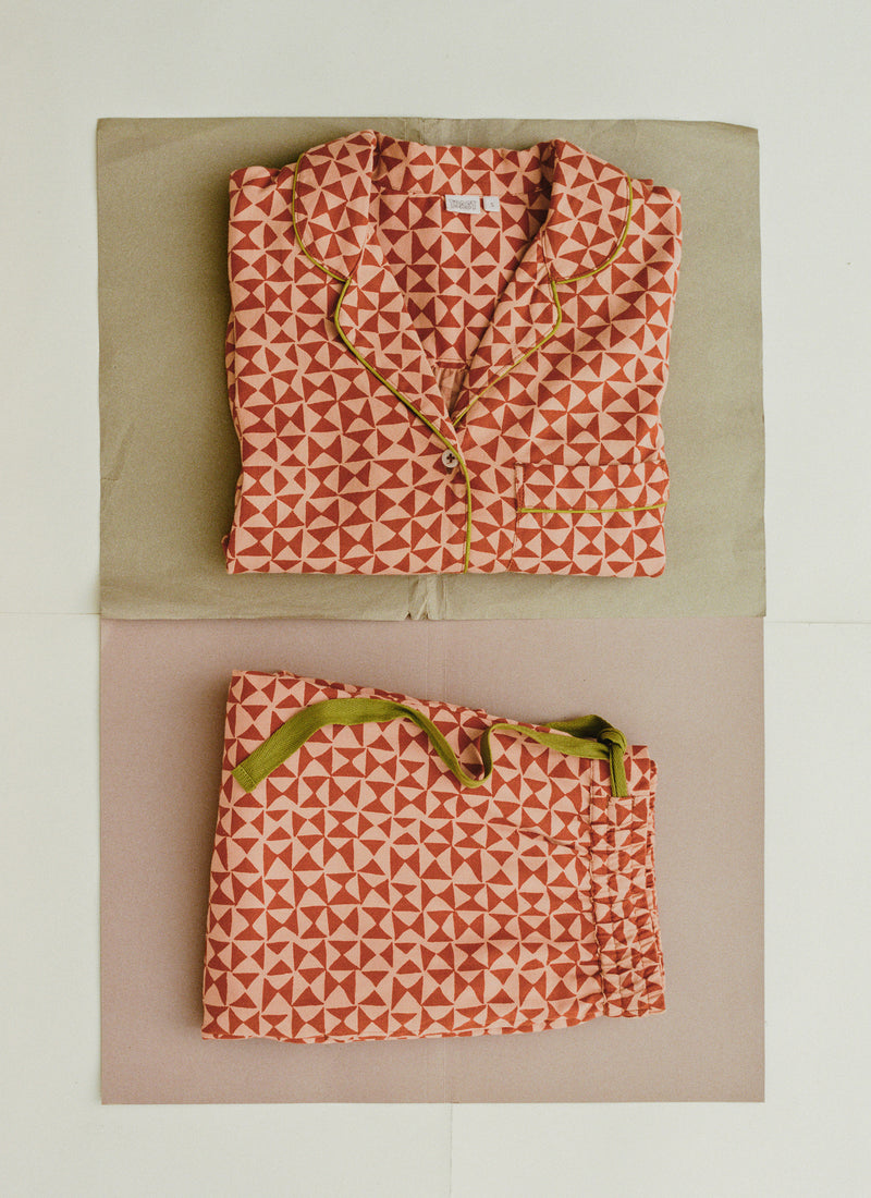 Cut Out Geo Print Flannel Pyjamas | Orange Rust/Peach