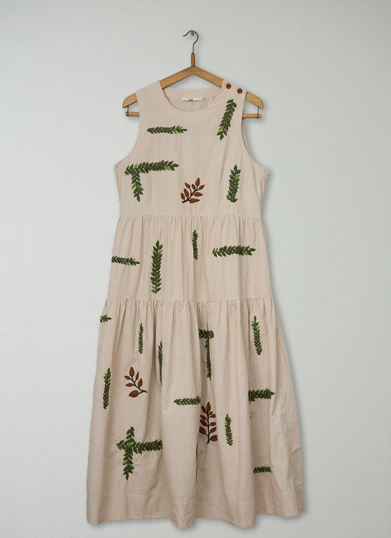 Renewed Leaf Embroidered Stripe Poplin Dress Size 12 (123) | Garden Leaf