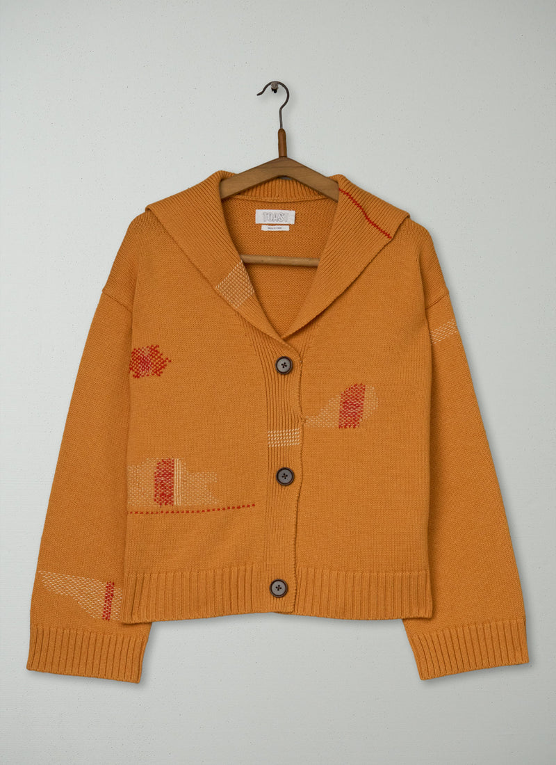 Renewed Collared Wool Cotton Boxy Cardigan Size XXSXS (150) | Cantaloupe Melon